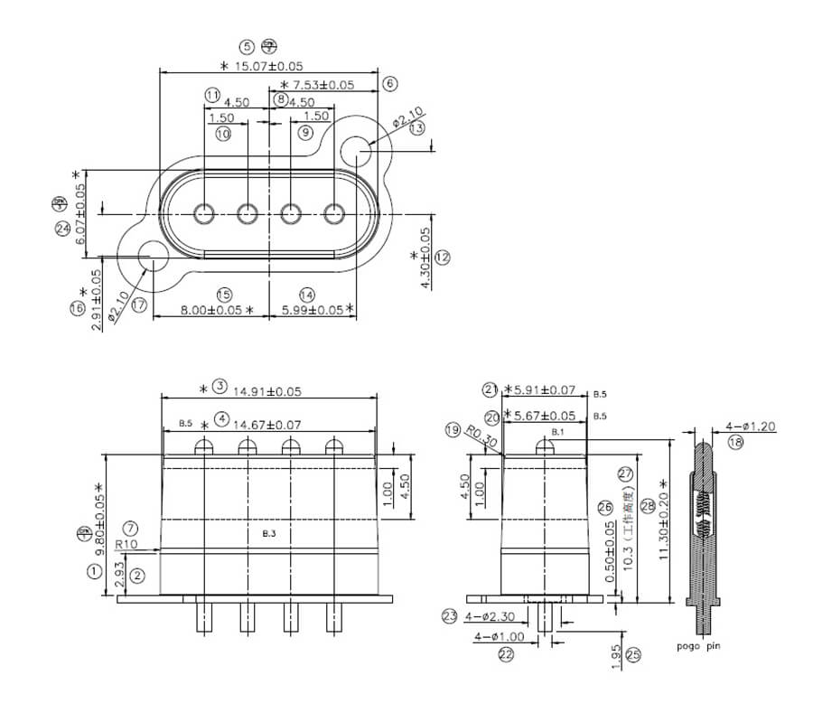 Through hole pogo pin connector drawing